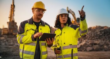 construction workers discussing project plans at a busy worksite